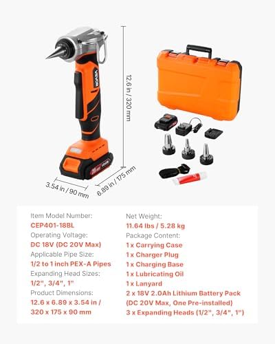 VEVOR 20V Max Cordless Tube Expander for 1/2", 3/4", 1" PEX-A Pipes