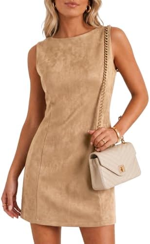Wenrine Womens Suede Mini Dress Fall A Line Zipper Slim Party Dresses