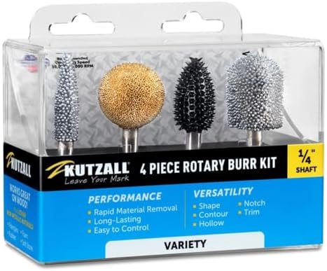 Kutzall 4-Piece Rotary Burr Kit - 1⁄4" Shaft, Variety Grit - Wood Carving Bits for Bosch, DeWalt, Milwaukee Tools - Structured Tungsten Carbide Wood Carving Bits