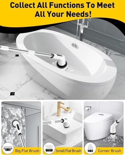 Electric Spin Scrubber,Cordless Shower Cleaning Brush IPX7 Waterproof with 3 Replaceable Brush Heads, Adjustable Extension Handle and Power Dual Speed,Power Scrubber for Bathroom Tub Tile Floor Car