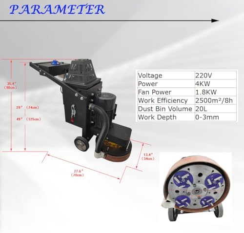 Floor Grinder Ground Polishing Machine Hand-Push Cement Ground Grinder Concrete 20L Dust-free Grinding Machine with 4-head Grinding Chassis, 220V 4KW
