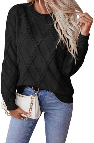 Okiwam Women's Long Sleeve Sweaters Crewneck Cable Knit Pullover