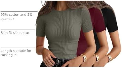 Ficerd 3 Pack Women's Ribbed Short Sleeve T-Shirts