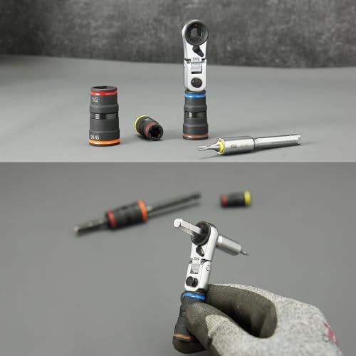 711L EDC Flex Head Ratchet Wrench with T-Handle, 1/4 Inch Mini Ratchet Tool with Socket Extension and Keyring Hole for Everyday Carry