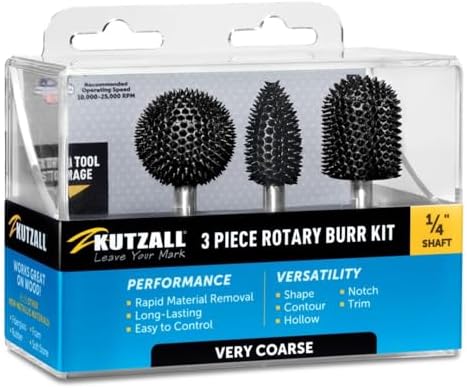 Kutzall 3-Piece Rotary Burr Kit - 1⁄4" Shaft, Very Coarse - Wood Carving Bits for Bosch, DeWalt, Milwaukee Tools - Structured Tungsten Carbide