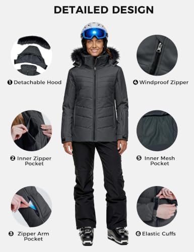 Skieer Women's Ski Jacket Waterproof Warm Puffer Thick Hooded Winter Coat