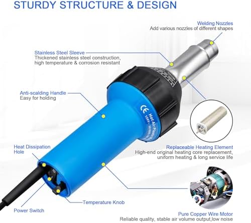 Hot Air Plastic Welder 1600W, Complete Accessories & Nozzles for Plastic Welding Roofing Kit 110V, Vinyl PVC TPO Roof Handheld Hot Air Heat Gun Plastic Welding Torch