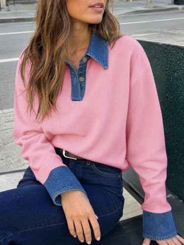 Saodimallsu Womens Denim Patchwork Sweaters V Neck Polo Pullover Tops