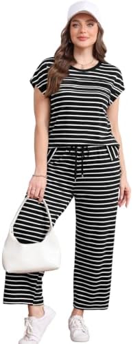 WIHOLL Two Piece Sets for Women Summer Spring Travel Vacation Outfits Cap Sleeve Lounge Matching Sets Wide Leg Pants S-3XL