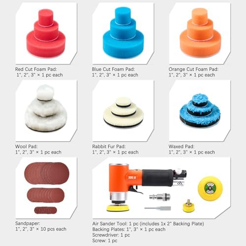 1/2/3in Mini Orbital Sander Pneumatic da sander Polisher for Auto Body Work Wood working, with 18 Pcs 1/2/3in Polishing Sponge & Wool Pads, 30Pcs Sandpapers (Orange)