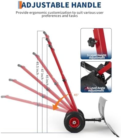Wheeled Snow Shovel, 29"x16.5" Double-Rod Metal Snow Pusher Plow with 5-Angle Blade, Adjustable T-Handle and Rubber Wheels for Snow Removal from Driveways, Sidewalks & Doorways, Black & Red