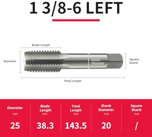1 3/8-6 Left Hand Straight Flute Thread Tap Machine Tap HSS (High Speed Steel) Threading Tapping Repair Tools DRINYOUNG (1 3/8-6 Left)