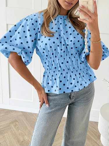 Cicy Bell Women Polka Dot Peplum Blouse Round Neck Puff Sleeve Summer Top
