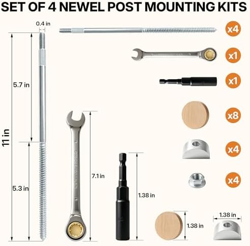 4PCS Newel Post Mounting Kit, Heavy Duty Hidden Newel Post Fastener with Rail Bolt Wrench, Installation Kit Staircase Newel Posts for Wooden Stair Railing, Deck Baluster