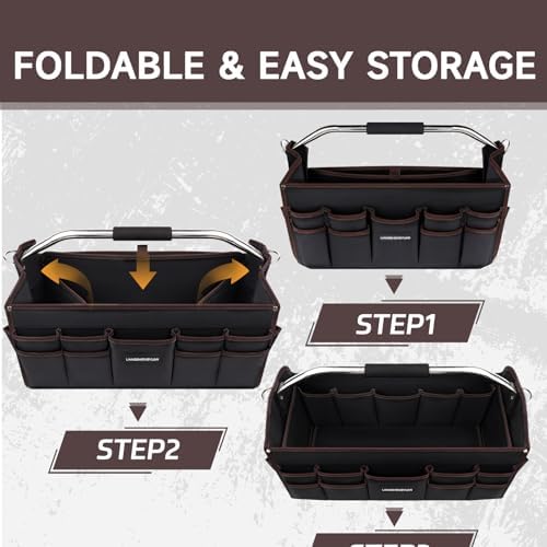 22 In Tool Carrier, Open Top Tool Tote 30 Pockets, Waterproof Tool Bag For Men, Foldable Wide Mouth Electricians Tool Bag, With Stainless Steel Handle and Removable Shoulder Strap