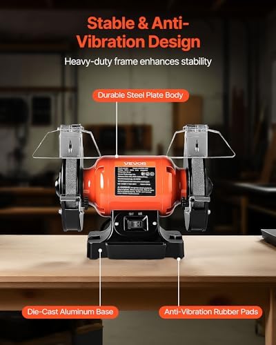 VEVOR Bench Grinder, 6-in Single Speed, 3450RPM High-Speed Table Grinders with 450W 3.8A 3/5Hp Induction Motor, 36/60-Grit Grinding Wheel & Adjustable Eye Shield for Fast Sharpening Grinding