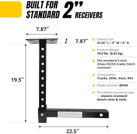 MaxxHaul Hitch Mount Vise Plate Holder Heavy‑Duty 2 Inch Receiver Workbench Mount Portable Vise and Tool Platform for Trucks SUVs and RVs Alloy Steel Construction (80356)