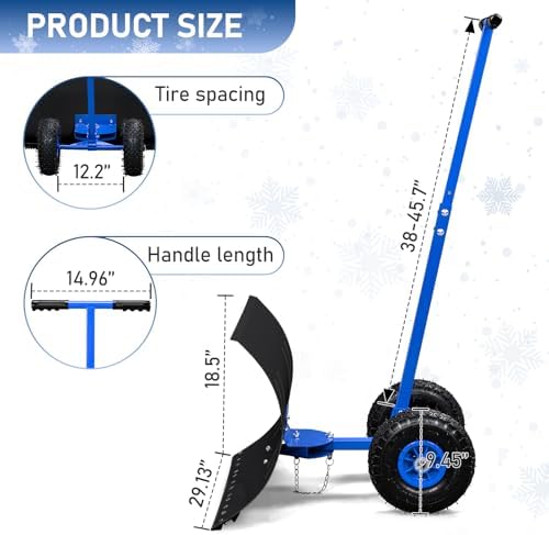 VINGLI Snow Pusher Shovel with Wheels, 29" Adjustable Ergonomic T-Handle Snow Plow for Driveway, Heavy Duty Wheeled Rolling Shovels for Snow Removal, Angle Adjustable (Black & Blue)