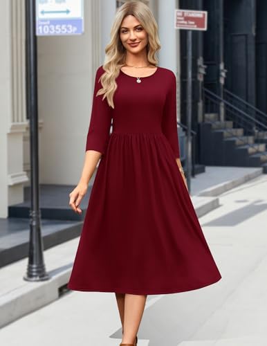 Zeagoo 3/4 Sleeve Women's Dress Casual Aline Summer Fall Midi Long Dresses