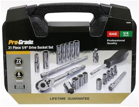 Pro-Grade 21-Piece 1/4in Drive SAE Socket Set with Storage Case, Heat-Treated Chrome Vanadium Steel, Nickel Chrome Plated, Professional Grade, 19206