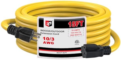 EP 15 Ft 10/3 SJTW NEMA 5-20 P/R Outdoor Extension Cord, Yellow