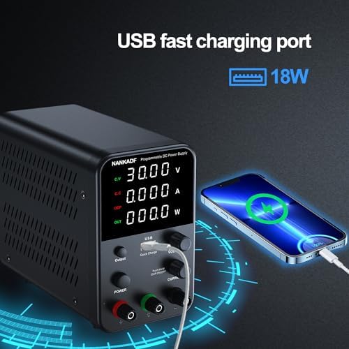 DC Power Supply Variable, Bench Power Supply with Encoder Adjustment Knob, Output Enable/Disable Button, Adjustable Power Supplies with USB Quick-Charge, Short Circuit Alam (30V 10A Black)