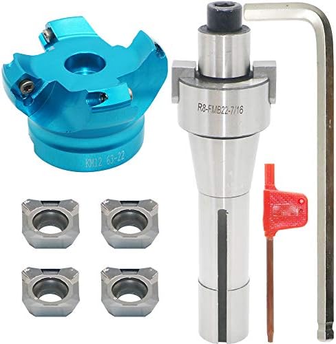 2.5 Inch Face Milling Cutter Aluminum KM12 63MM CNC End Milling Cutter Holder + R8-FMB22 Shank Face Shell Mill Arbor + 4pcs SEHT1204 Carbide Inserts + 8mm Hexagon Wrench + T20 Wrench CNC Machine Tools