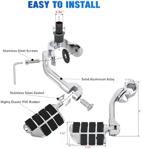 Nilight 1.25" Motorcycle Highway Pegs For Harley Davidson Touring Road King Street Glide Sportster Adjustable Long Angled Foot Pegs Universal For 1-1/4" Engine Guard Crash Bars Highway Footpegs Chrome