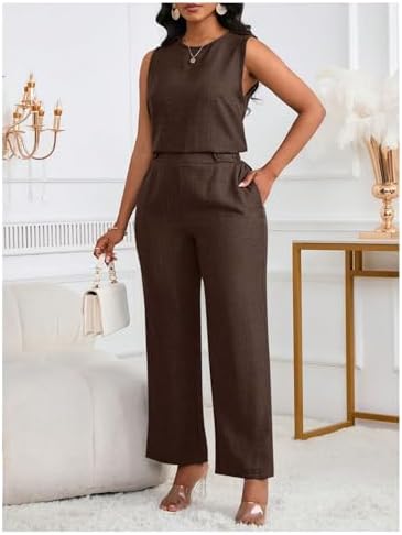 Floerns Women's 2 Piece Sets Dressy Outfits Bussiness casual Crew Neck Sleeveless Blouse and Elegant Pants Set