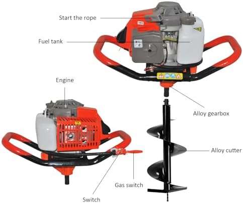 72cc 4HP Post Hole Digger Gas Powered, Gas Earth Auger/Ice Auger, with 3 Drill Bits 4"/8"/12" + 2 Extension Bar, One Man Earth Auger for Planting Fence, EPA Compliant Post Hole Auger