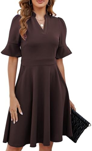 Mokayee Womens Summer V Neck Ruffle Short Sleeve Fit and Flare Knee Length Church Wedding Guest Dresses with Pockets