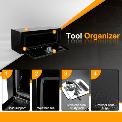 Underbody Truck Box Steel Storage Tool Box,27.5 x 10.5 x 10 Tool Chest Organizer w/Lock and Keys For Pickup,Truck Bed, RV, Trailer,Heavy Duty Waterproof Blac box