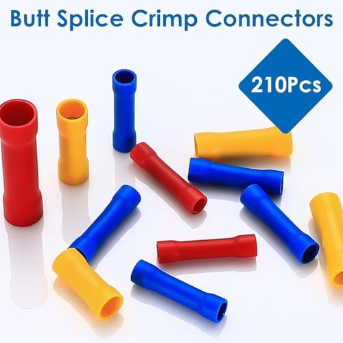 smseace 210 Pcs Butt Splice Connectors Kit 22-10AWG Butt Wire Connectors Assorted Butt Splice Crimp Connectors Wiring Straight Crimps Terminals for 22,20,18,16,14,12,10 Gauge Wires