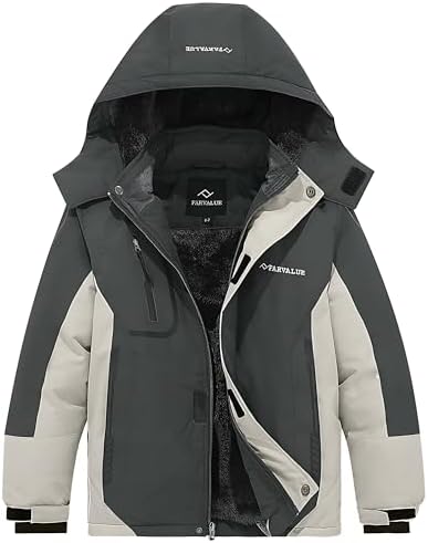 FARVALUE Boys Waterproof Ski Jacket Windproof Winter Coat Warm Snow Coat Outdoor Raincoats with Removable Hood