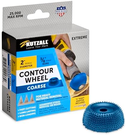 Kutzall Extreme Contour Wheel, 2" (50.8mm) Dia. X 3⁄8" (9.5mm) Bore, Coarse - Wood Carving Die Grinder Accessory for Milwaukee, DeWalt, Bosch. Adapter Included. Abrasive Tungsen Carbide, CW200X90