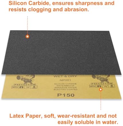 HARFINGTON 50pcs Sandpaper 150 Grit 9 x 11 Inch Waterproof Backing Silicon Carbide Abrasive Wet Dry Sanding Sheets for Wood Finishing, Metal Sanding, Automotive Polishing