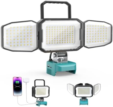 LED Work Light Compatible with MaKita 18V Battery, 150W 15000LM Flood Light, 6500K Daylight 3-Head Adjustable, USB Type-C&2 Brightness Modes Portable Flashlight Job Site Light (Tool Only)