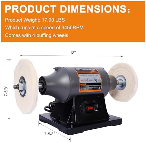 Bench Buffer Polisher Motor with 6 Inch Dual Buffering Wheels, Includes 4PCs 80Ply Thic Buffing Wheels for Buffing Metal, Jewelry, Wood, Jade, and Plastic Parts