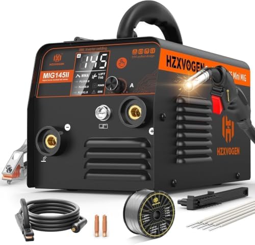 H HZXVOGEN 145A MIG Welder, 110V/220V Gasless MIG Welder Welding Machine, 3-in-1 Flux Core MIG/ARC/Lift TIG, Synergic Control, IGBT Inverter, LED Display