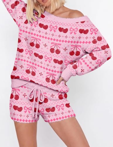 Ekouaer Fuzzy Fleece Pajamas 2 Piece Warm Soft Lounge Set Long Sleeve Sweater Top and Shorts Loungewear Outfits Sweatsuits