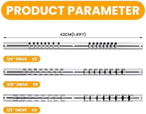 Tandefio 15 Pcs Metal Socket Rails Set Socket Organizer Holder 16 Clip on Rail Tool Organizer Storage, 1/4-inch, 3/8-inch, 1/2-inch