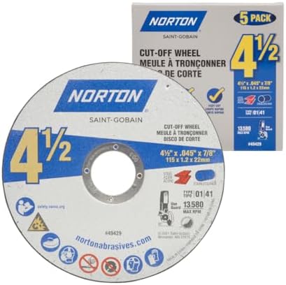 Norton 4-1/2-Inch Cut Off Wheels, Pack of 5 - Aggressive Cutting Discs for Angle Grinder, General Purpose Cutting for Metal & Stainless Steel