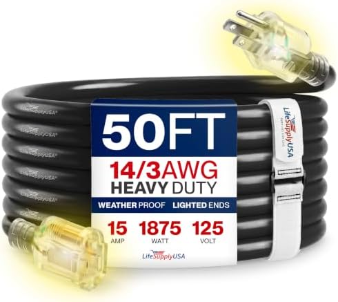 50ft Outdoor/Indoor Extension Cord 14/3 Gauge Heavy Duty 3 Prong SJTW, Waterproof, Flexible Cold-Resistant Long Power Cord,15A 125V 1875W, Black by LifeSupplyUSA