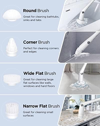 Electric Spin Scrubber, 360 Cordless Shower Scrubber, Electric Spin Cleaner with 4 Replaceable Shower Cleaning Brush Heads and 1 Extension Arm for Tub, Tile, Kitchen, Bathroom