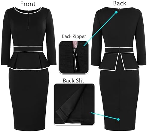 VFSHOW Womens Work Business Office Front Zipper Peplum Church Sheath Dress