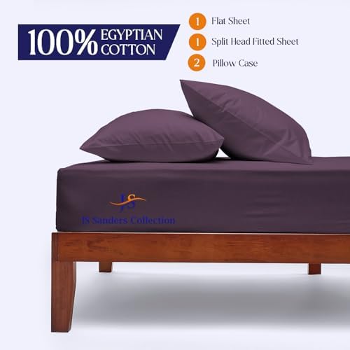 JS Sanders Collection 600TC Flex Top Queen Sheets for Sleep Number Bed - 100% Cotton 4 Pcs Top Split Queen Sheets for Adjustable Bed Queen 30 Inch Down Plum -18 Inch Deep