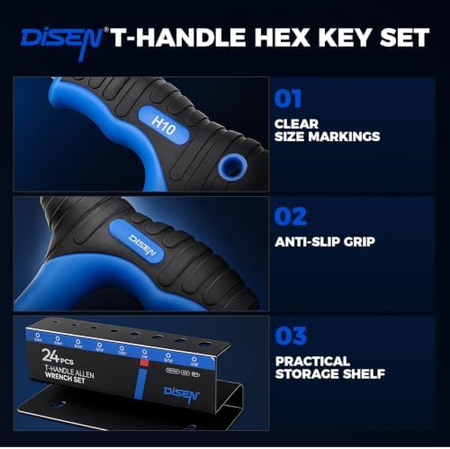 DISEN 24-Piece T-handle Allen Wrench Set | Metric 2-10mm & SAE 7/64"-3/8" & Torx T10-T45 , Long Arm Hex Key Wrench Sets with Storage Rack for DIY, Home Repair