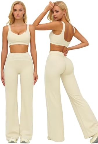 ABOCIW Two Piece Workout Sets for Women Racerback Tank Top Matching High Waist Wide Leg Yoga Pants Pilates Outfits