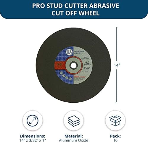 Benchmark Abrasives Aluminum Oxide Type 1, 14 Inch Chop Saw Blade, Cutting Wheel with 3/32" X 1" Arbor, Fast Circular Saw Blades for Cutting Metal Steel Drywall - Grinding Wheel - 10 Pack