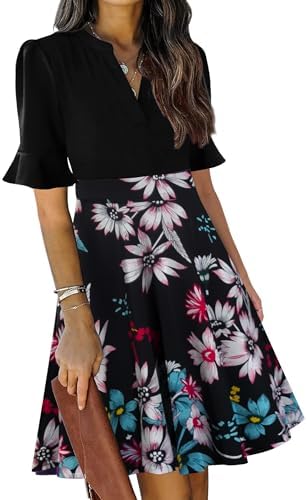 Mokayee Womens Summer V Neck Ruffle Short Sleeve Fit and Flare Knee Length Church Wedding Guest Dresses with Pockets